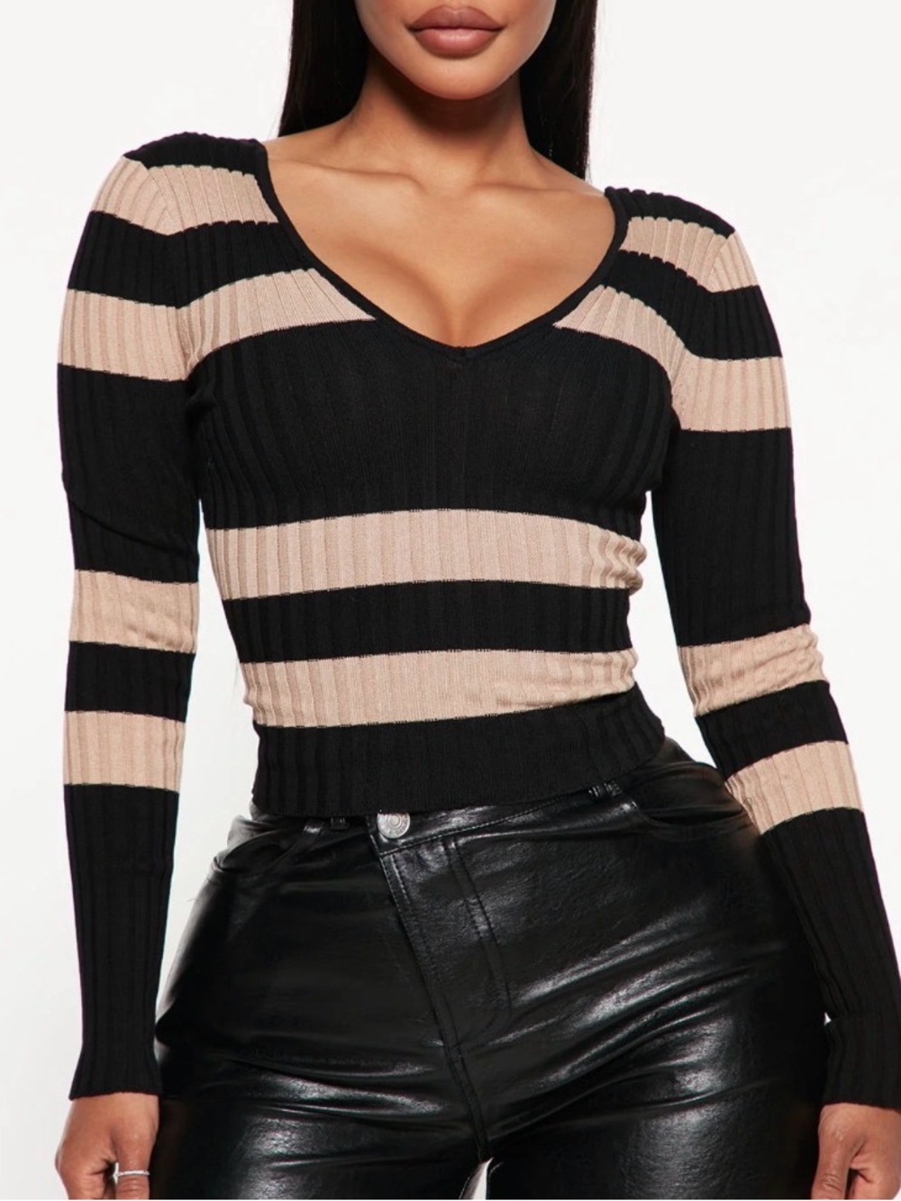 Fashion Nova Kallan Knit Black and Tan Striped V-Neck Sweater Top Fits Medium